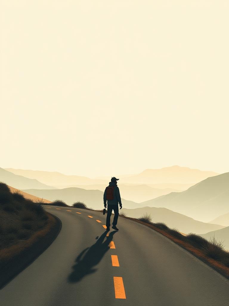 Illustration éditoriale — silhouette de voyageur sur la route